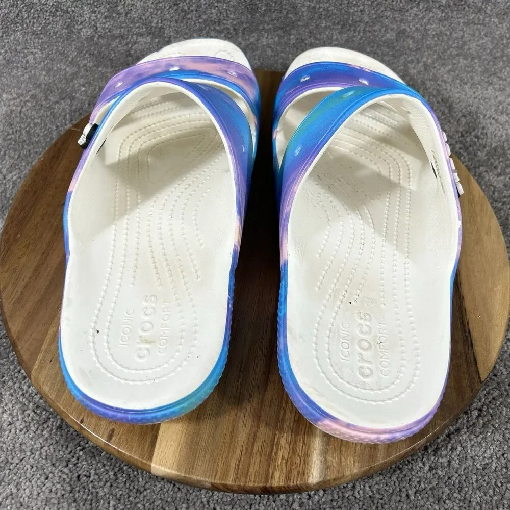 Crocs Classic Out of This World Mens Size 11 Blue Purple Tie Dye Slip On Sandals